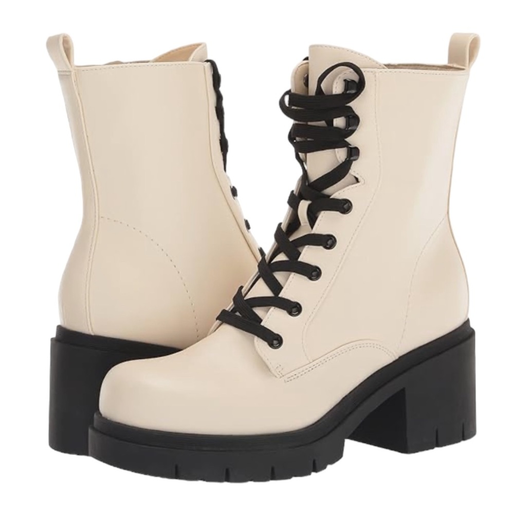 Nine West Ivory and Black Chunky Heeled Boots